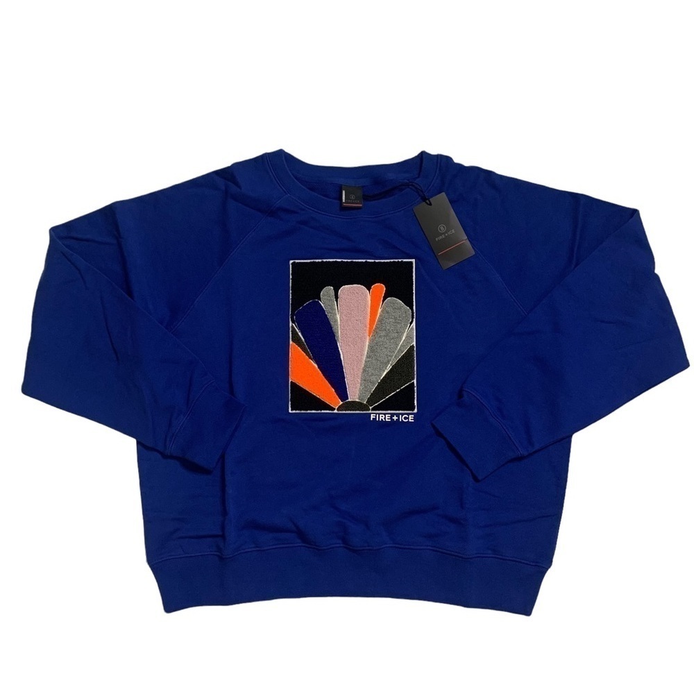 Bogner Fire+Ice Ramira 3 Sweatshirt in Blue with Fuzzy Peacock Feathers Design
